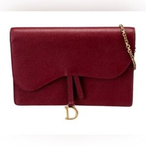 Dior Elegant Burgundy Red Saddle Clutch with Gold Chain